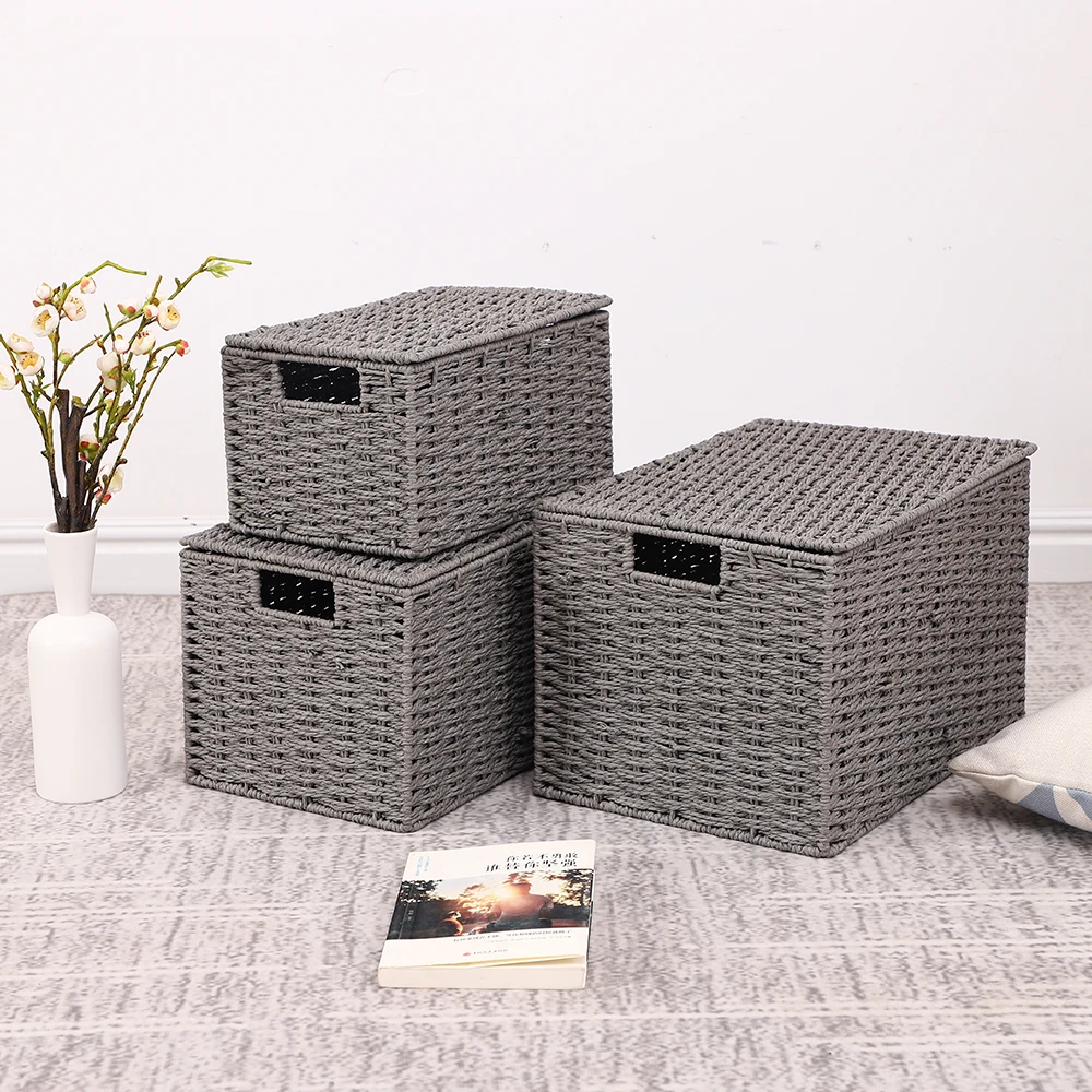 Full Grey Square Woven Storage Baskets With Lid Buy Picnic Basket With Wine Holder,Woven