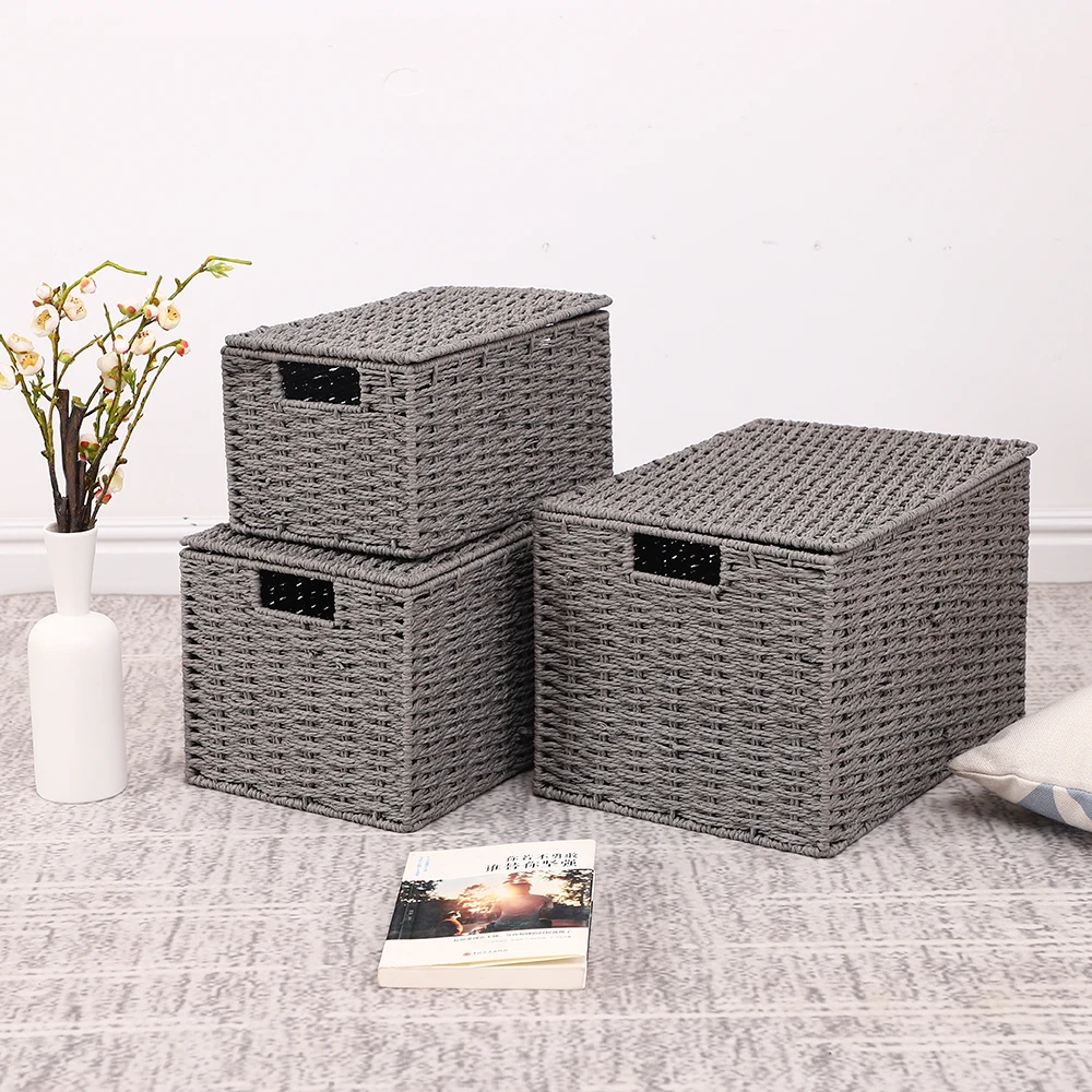 grey rattan storage baskets