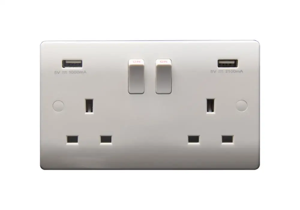 British Standard 13A 2 gang wall switched socket+(1A+2.1A) USB outlet, USB socket with total current 3.1AMP