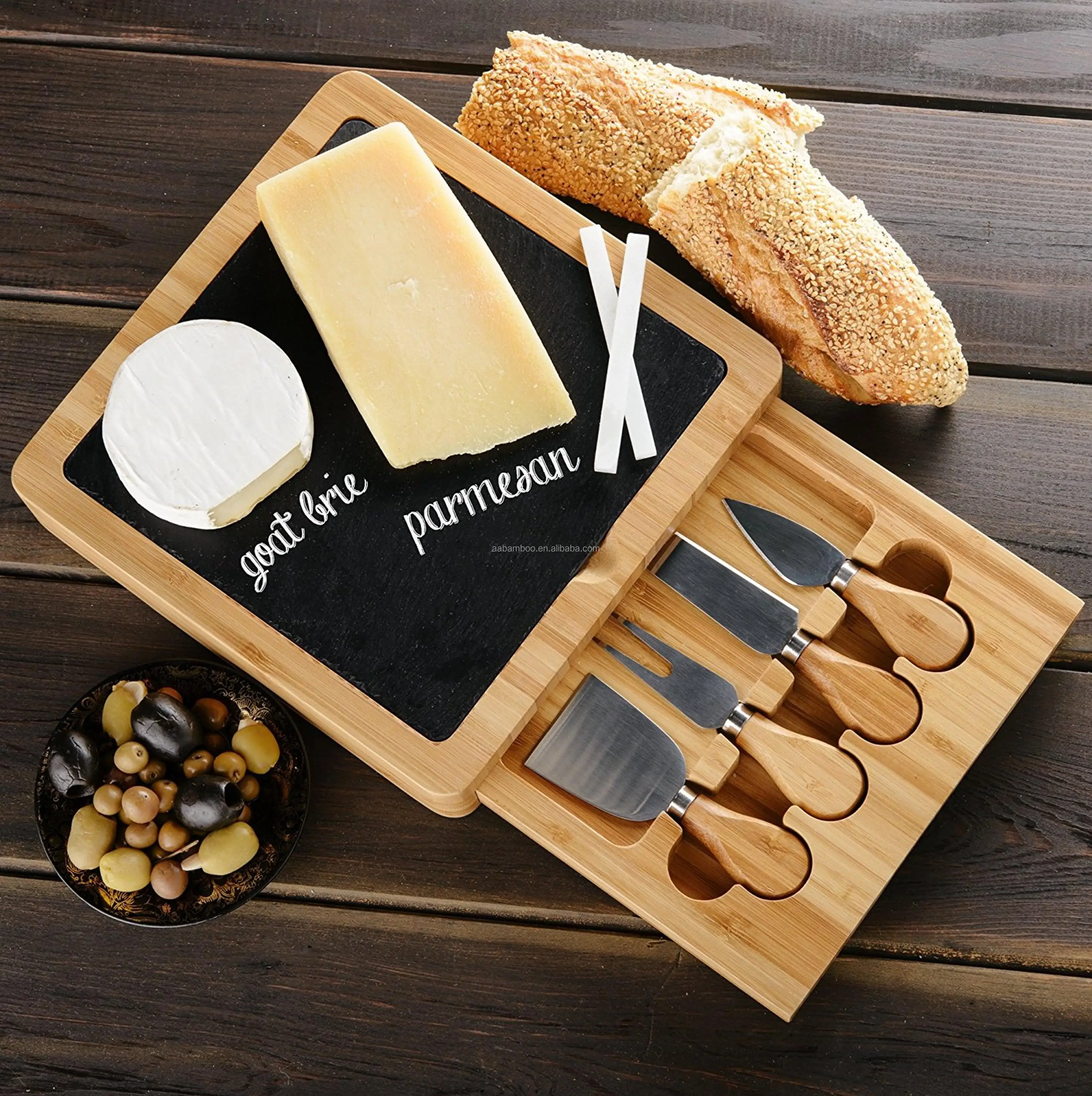 Mini Wood And Slate Cheese Board Set,Includes Cheese Tools,Removable