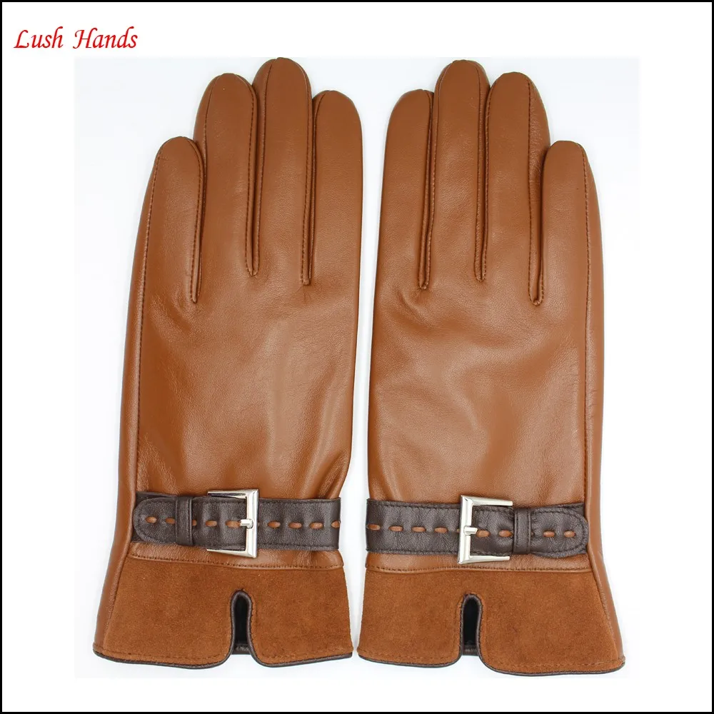 women's brown sheepskin leather gloves and pigsuede eather whose palm touch screen