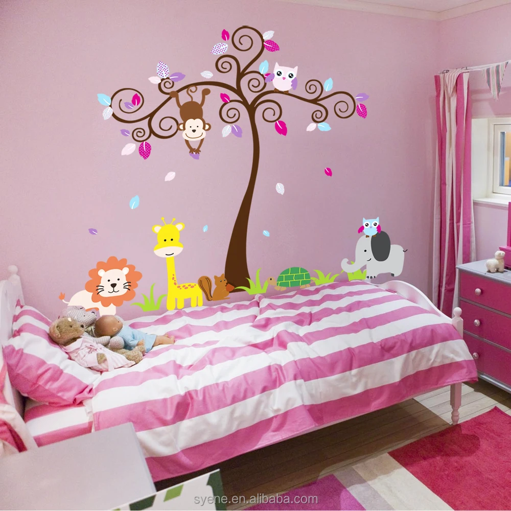 Cartoon dieren dierentuin grote decoratieve muurstickers 3d behang ...