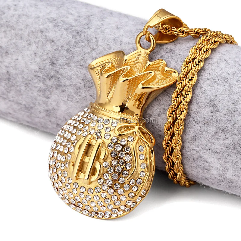 Joacii Unique Hiphop Dollar Purse Crystal Inlay Alloy Copper Pendant Necklace