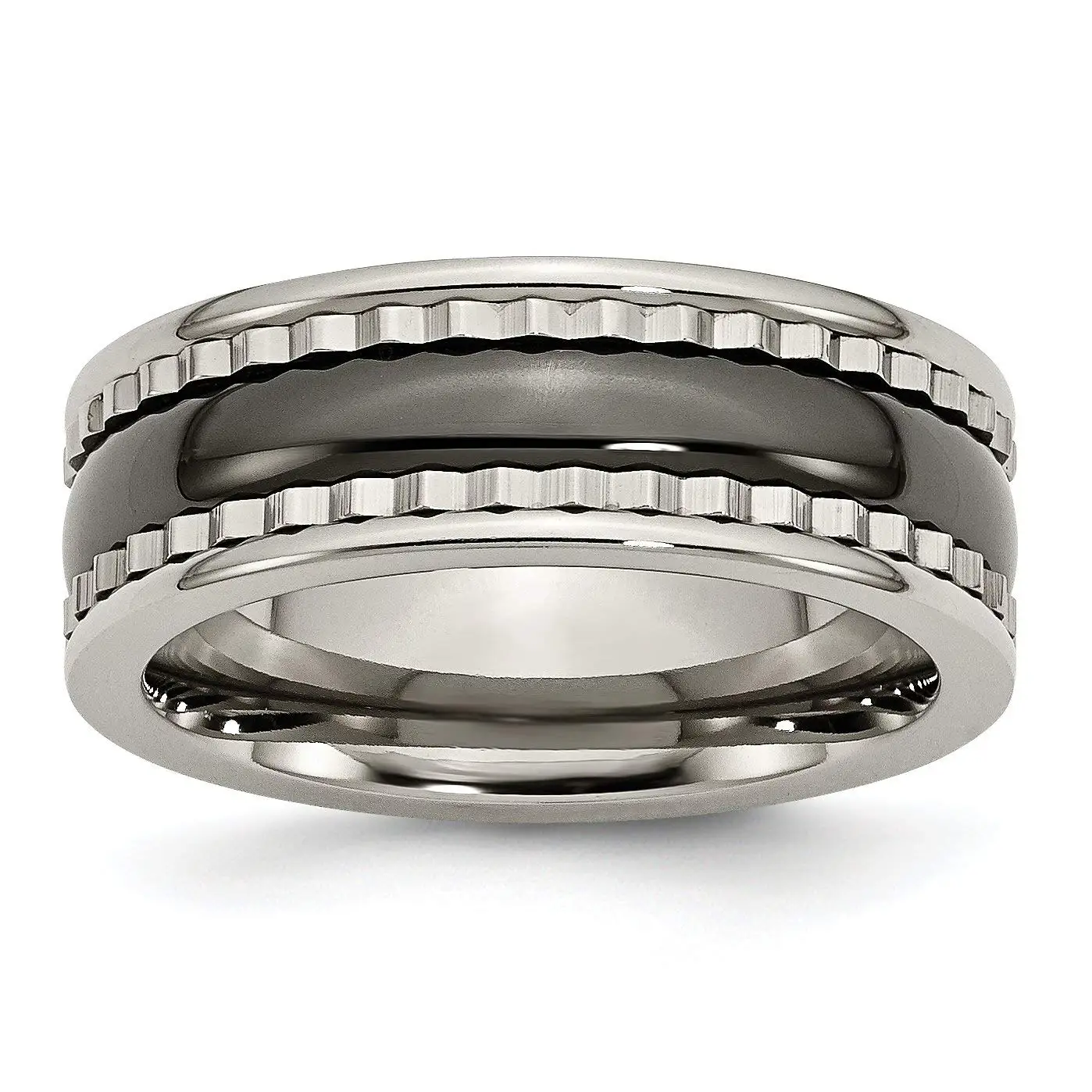 Titanium w/Sawtooth Accent/Polished Black Ceramic Center 8mm Band TB378-7<BR>Polished | Engravable | Titanium | Ceramic