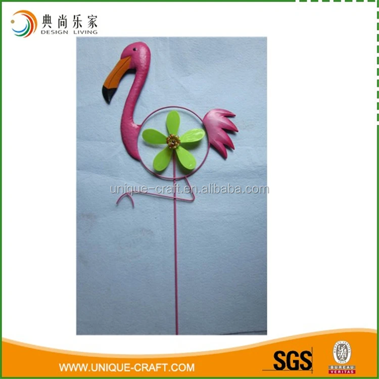 Hot sale metal decoration ornament pink flamingo wrought iron garden stake with plastic windmill