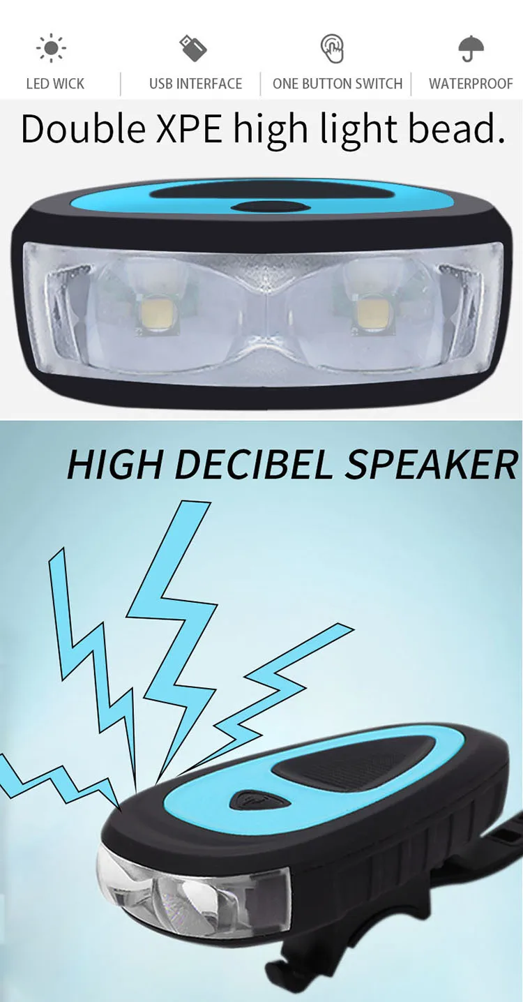 Bicycle Headlight + Horn USB Charge Bike Front Handlebar LED Lamp Lantern Electronic Bell Siren Alert Trumpet Audio Warning