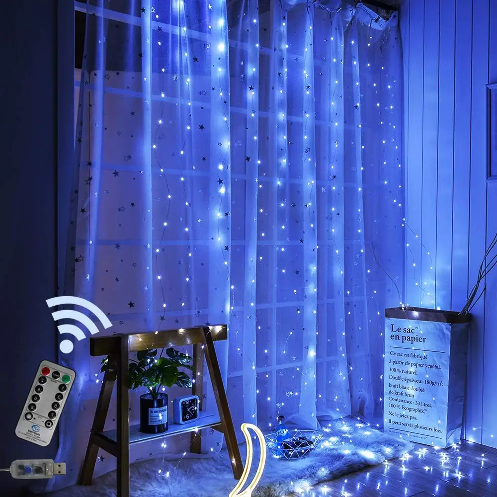 9.8x9.8ft LED Curtain Light, USB or Battery Operated, 8 Mode, Warm