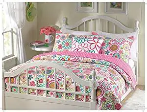 Cozy Line Home Fashions 3-Piece Quilt Set, Mariah Pink Polka Dot Flower Lightweight Reversible Coverlet Bedspread, Bedding for Little Girls, Kids(Colorful Floral, Full/Queen - 3pc: 1 quilt + 2 shams )