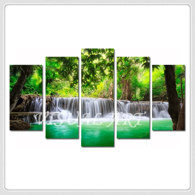Imagen de arte Cascada Bosque Gris Verde Azulado Impresión De Pared De Lona Árboles Paisaje 112 Cm