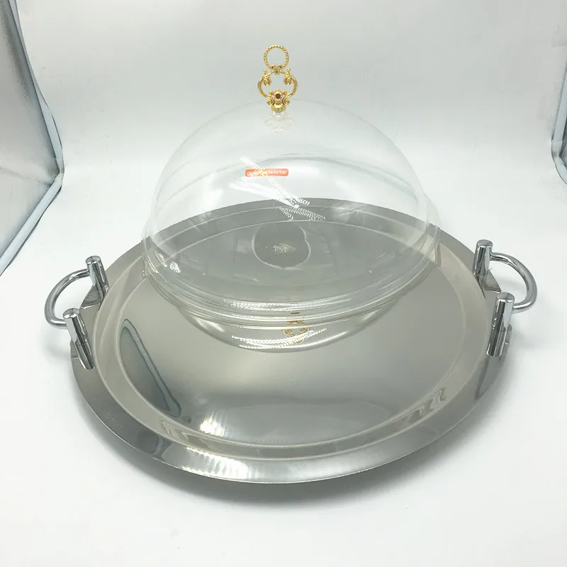18" Stainless Steel Round Tray With Golder Ears Serving Tray With Lid