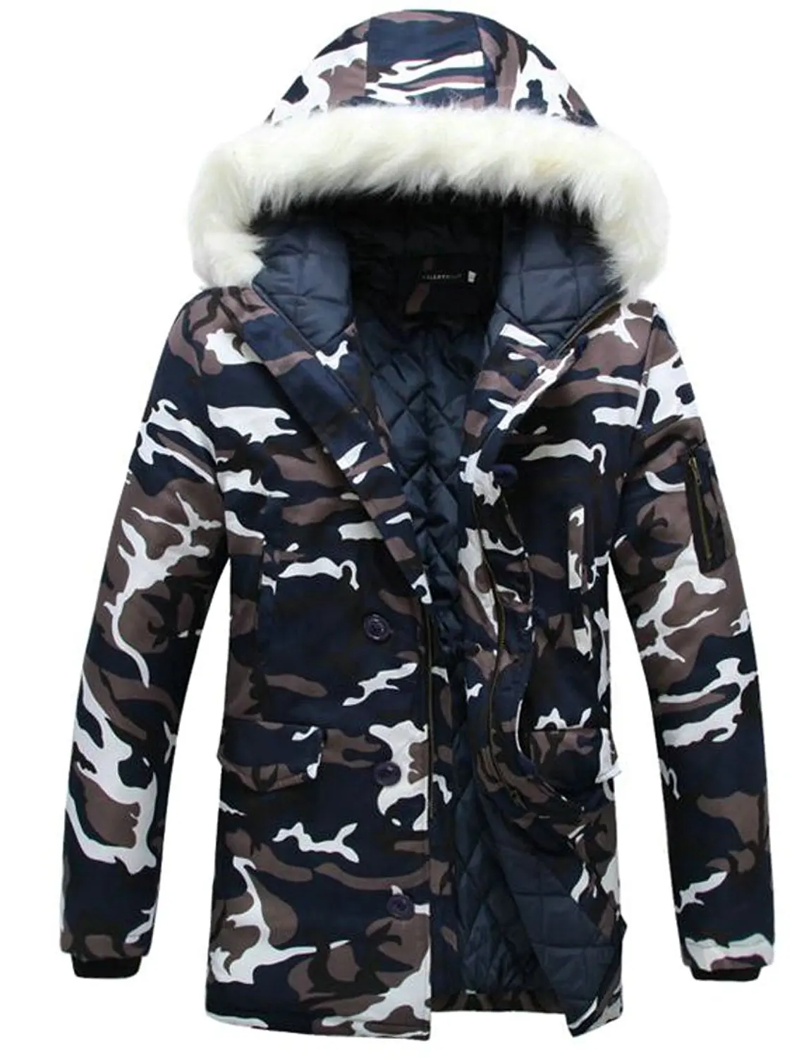 ONTBYB Men Fashion Faux Fur Hooded Puffer Jacket Coat Outdoor Quilted Down Parka