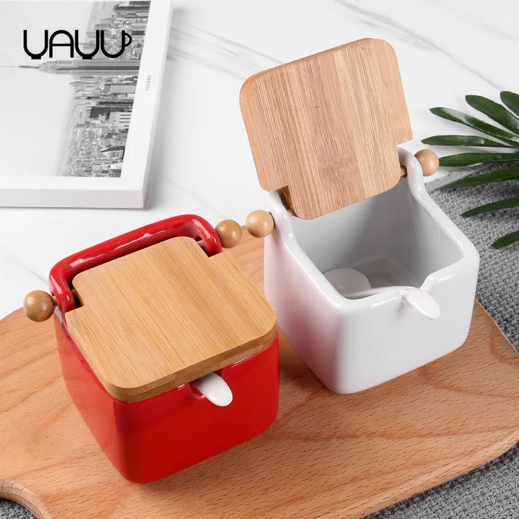 Home Goods Plain White Ceramic Wooden Lid Kitchen Canister With Spoon