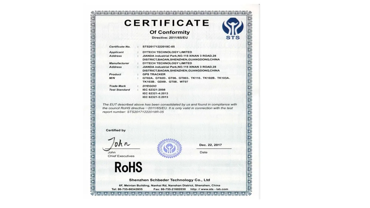 gps vehicle tracker rohs