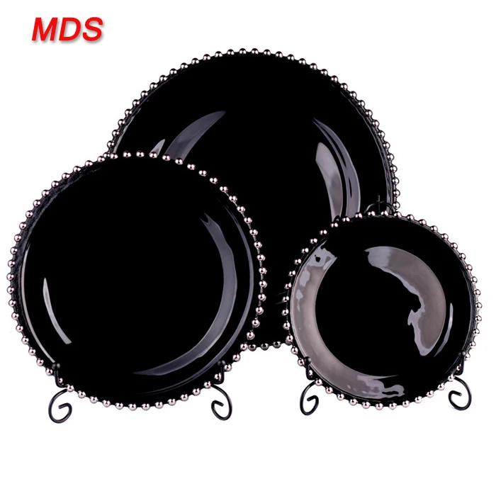 Wholesale Wedding Set Black Glass Charger Plate With Silver Beaded