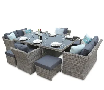 Dubai Luxury Outdoor Restaurant Rattan Dining Furniture Cane Sofa Chair And 10 Seater Tables