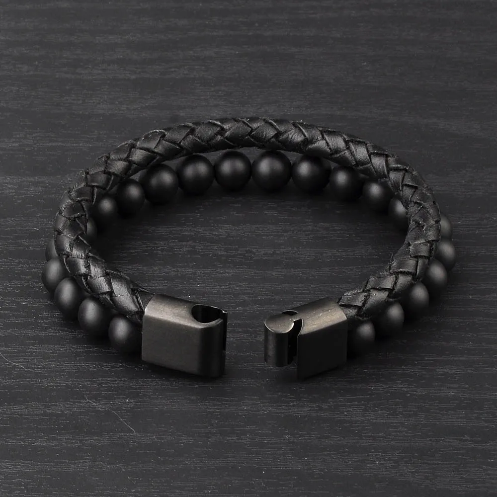 Fashion Jewelry Black Leather Round Stone Bead Design Cool Bracelets For Boys