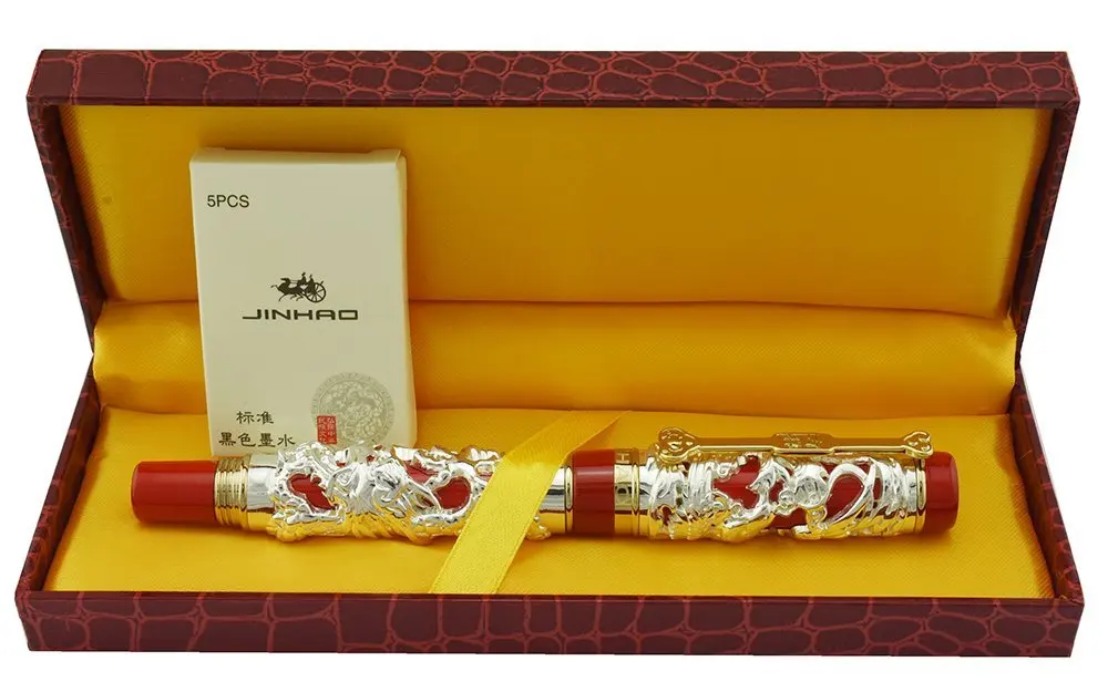 Fountain Pen Set Fine Nib with with 5 PCS Cartridges & Ink Refill Converter Gift Box, Jinhao Dragon Phoenix Pattern, Executive Writing Signature Calligraphy Pen,Unique Fountain Pen