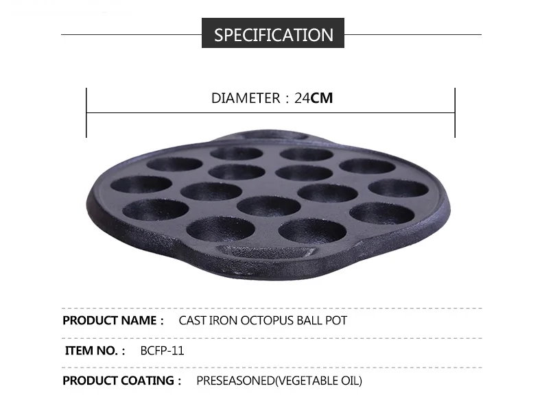Metal material stocked feature pre-seasoned Cast iron Muffin Takoyaki baking pan