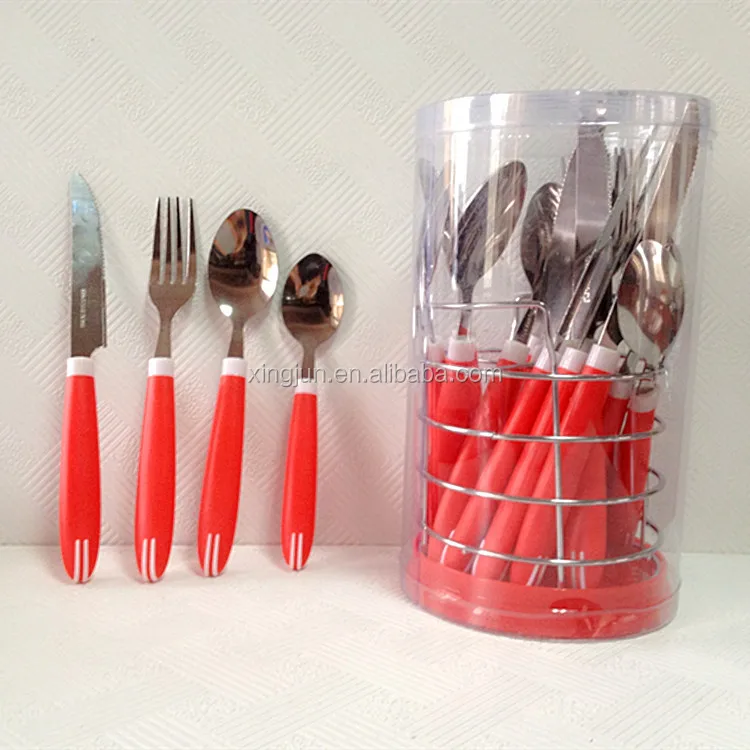 Red Handle Cutlery Set In Stand Spoon And Fork Red Handle Cutlery Set In Stand Spoon And Fork