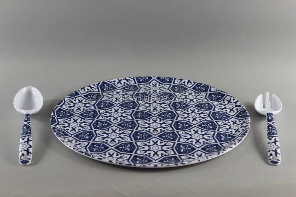 Large Melamine Salad Serving Plate With Salad Spoon And Fork