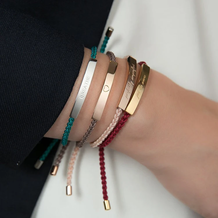 Custom Jewelry 18k Gold Plated Bar Engravable Statement Bracelets Adjustable Braided Colorful Rope Bracelet for Men Women