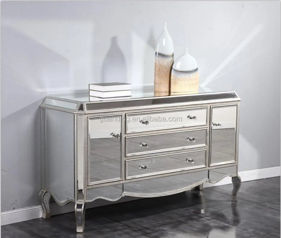 Vanity Mirrored Buffet Dresser In Sliver Finish With Multi Drawers