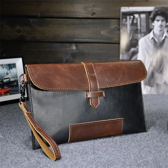 Wholesale  personality design vintage crazy horse leather wristlet handbag men's clutch bag