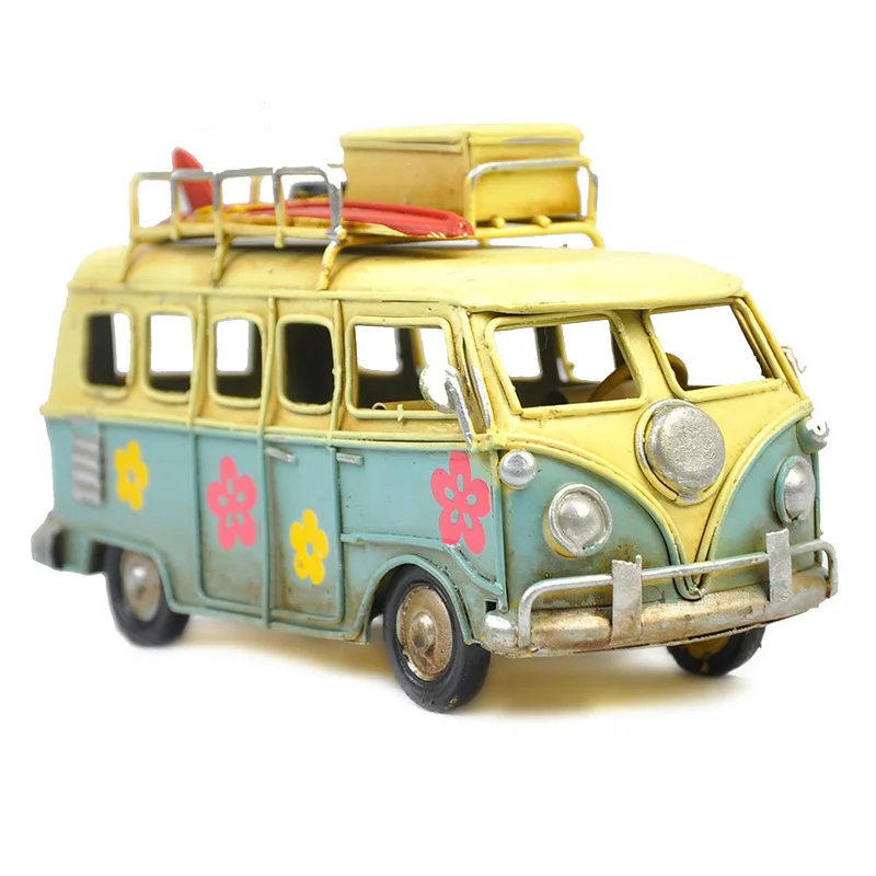 Vintage Colorful Flower Bus Metal Model Handmade Classic Camping Bus Toy Home Desktop Decoration Kid Girl Birthday Gift