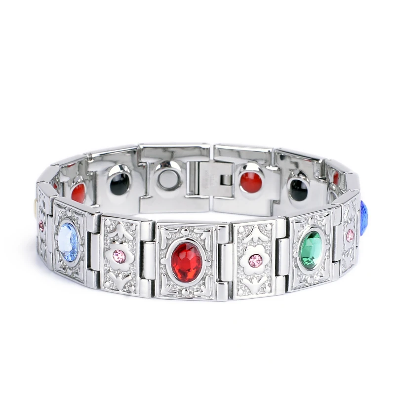 Luxury Magnetic Silver Stainless Steel Bracelet with Colorful Rhinestone