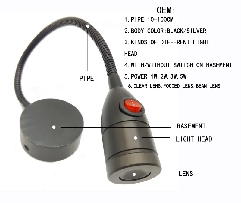 AC85-265V 1W Bedside Lights Wall Mounted Lamp Switch On With Gooseneck Pipe