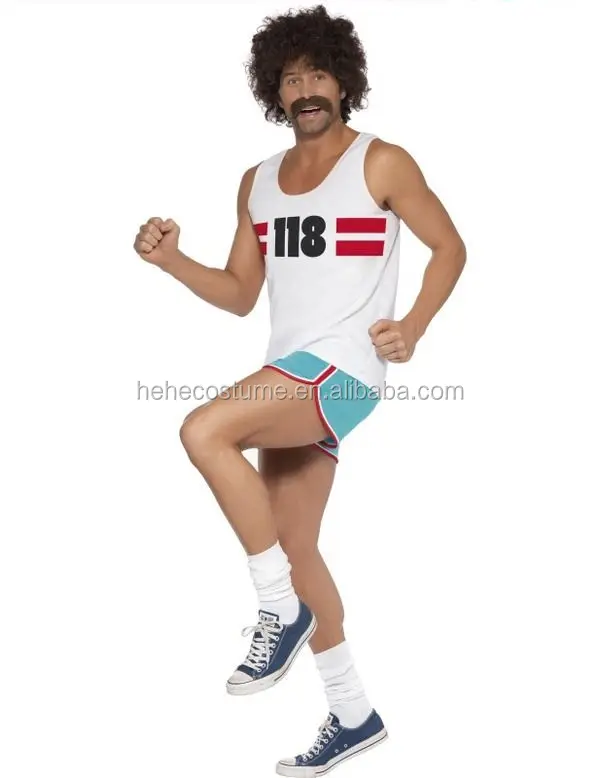 118 UNISEX RETRO MARATHON FANCY DRESS COSTUME VEST SHORTS WIG TASH LOT ®