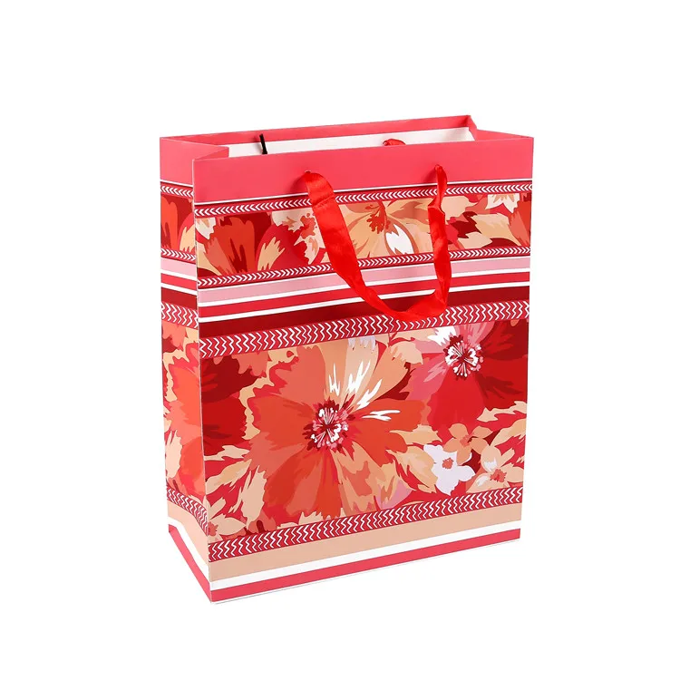 Colorful Wave Shape Flowers Leaves Paper Gift Bag With Red Handle