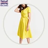 Women's European yellow one piece layered cotton polyamide spandex short sleeve knee length double V neck casual summer dresses