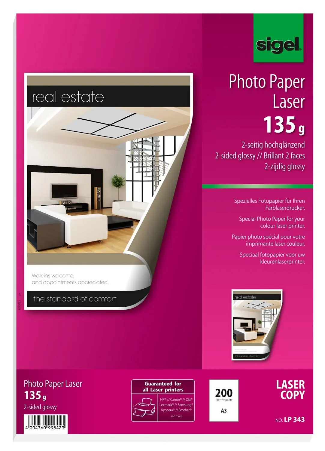 Sigel LP343 Photo Paper for Colour Laser/Copier, 2-sided glossy, 91.2 lbs, A3, 200 sheets