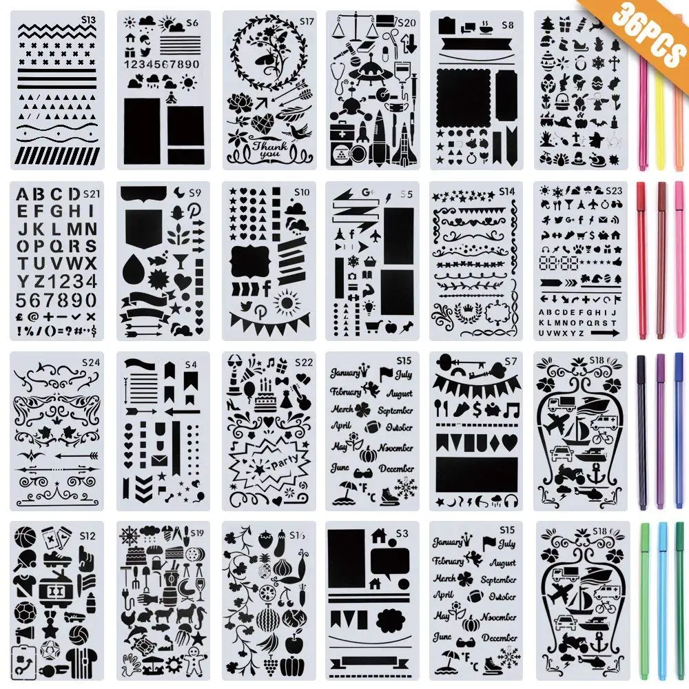 Hundyer 20 Pack Journal Stencil Set Bullet Stencils DIY Drawing Template for Journal Notebook Diary Calendar Scrapbook Wedding Birthday Greeting Card Making 4x7 inch