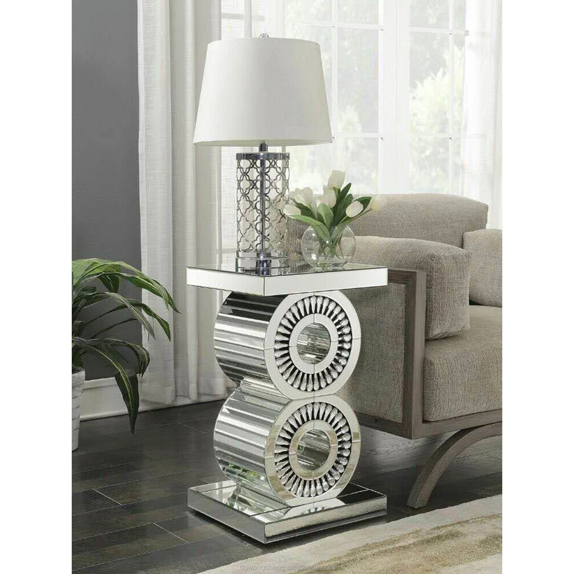 High End Crystal Mirrored Side Table Two Round 8 Shaped Standing Table