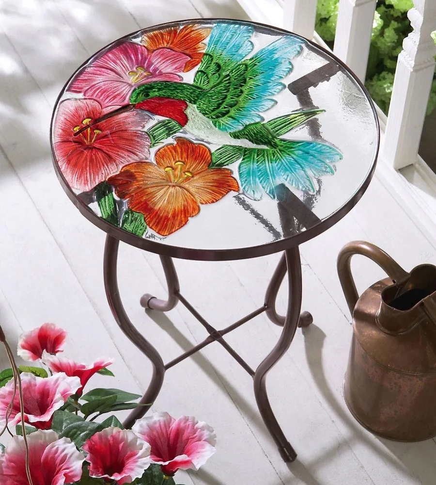 Antiguo pintado a mano colibrí vidrio mesa de Metal soporte de la