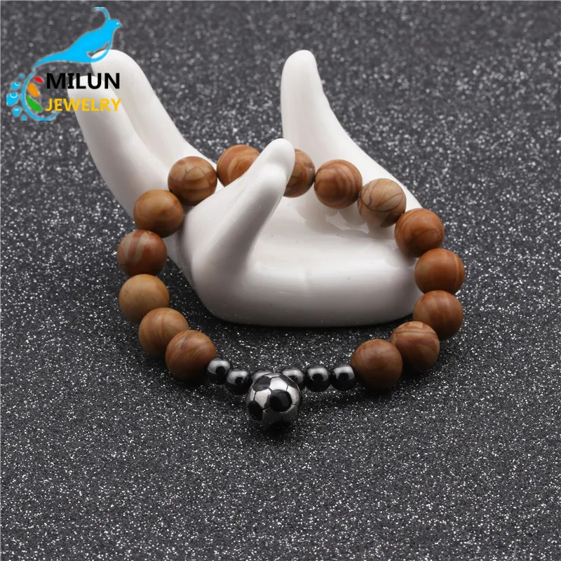 批发男士新款天然雪花石木纹石 10毫米足球手镯手工串珠手镯