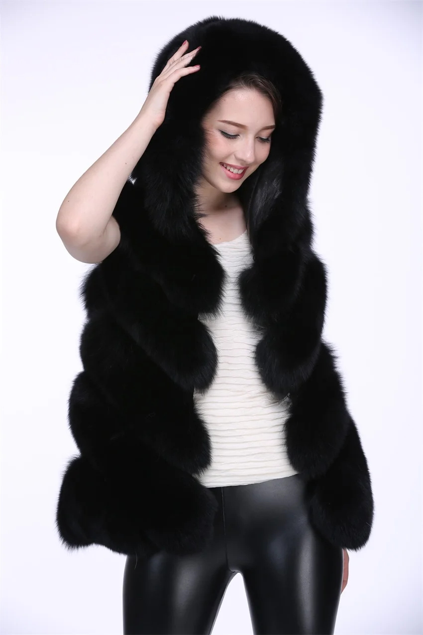 Popular design fashion fox fur parka with hood women's fox fur vest Faux fox fur jacket winter clothing