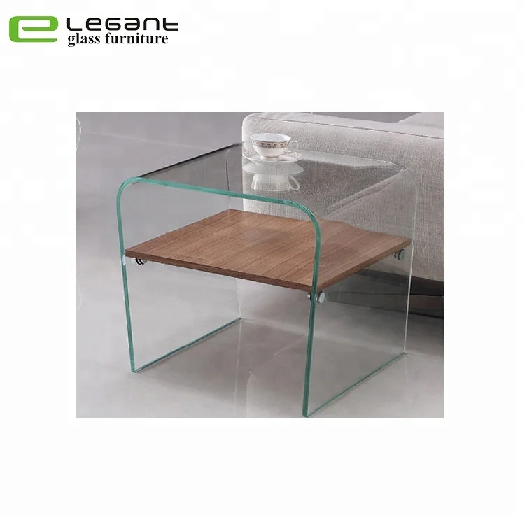 Round Corner Curved Glass Side Table With Ash Wood Veneer Shelf Center And Chrome Tables Top