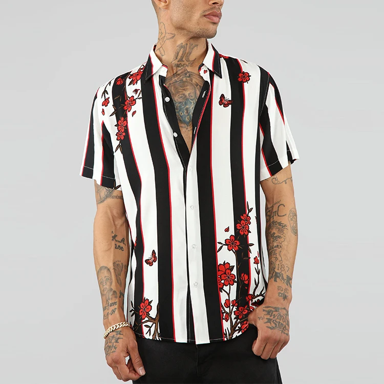 Custom Cherry Blossom Floral Striped Print Short Sleeve Cerezo en flor Cherry Blossom Camiseta polo hombre