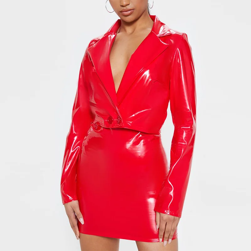 Sexy Club Night Red Vinyl Two Piece Set Crop Jacket Mini skirt Women
