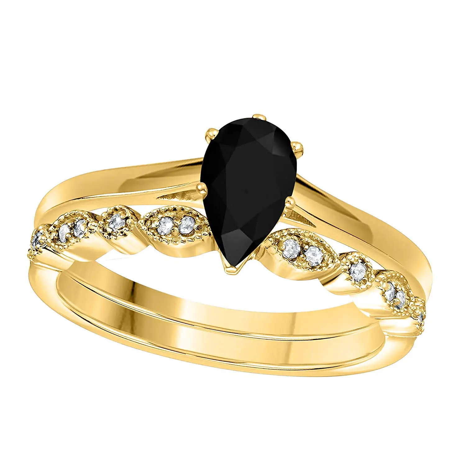 DreamJewels 1.00 Ct Pear Shape & Round Cut Black CZ Diamond & White CZ Diamond 14k Yellow Gold Finish Alloy Art Deco Vintage Design Wedding Engagement Ring Sets Size 4.5-12