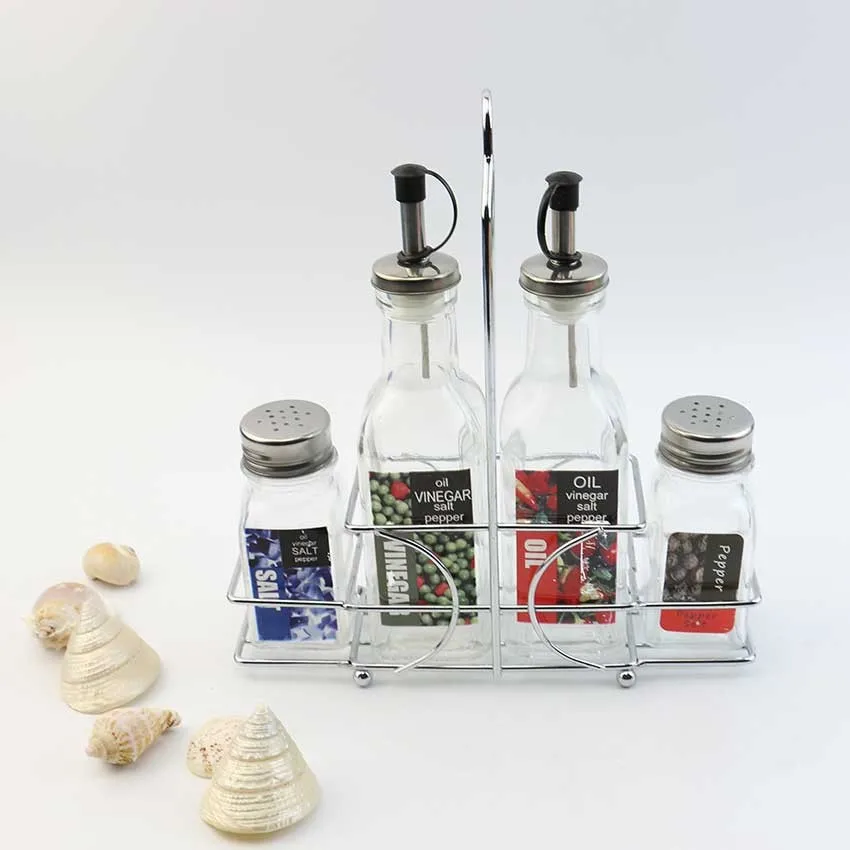 4 Pcs Glass Oil Vinegar Salt Pepper Bottle Set,Spice Rack,Glass Cruet