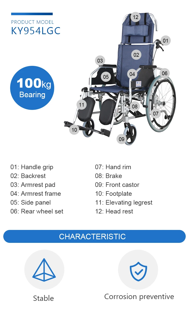 Kaiyang KY954LGC foldable frame detachable headrest armrest and footrest easy to transport aluminium manual wheelchair