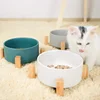 Customize new design cheap solid color ceramic cat bowl with bamboo holder