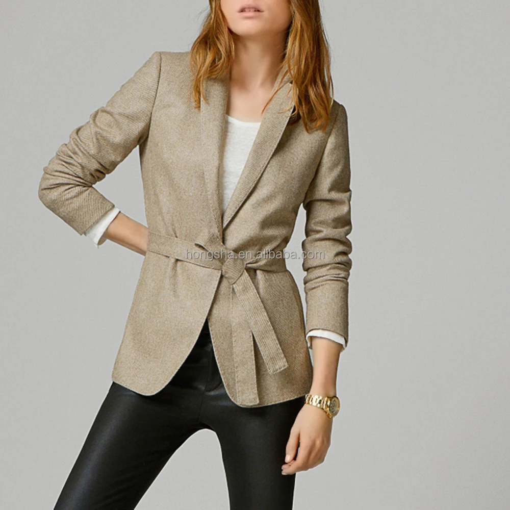 Tweed Jacket & Blazer Skinny Lapel Belted Winter Jacket Women Blazer HSC1470