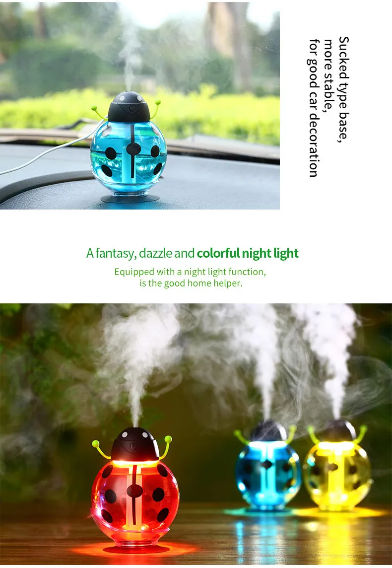 USB Powered Funny Beatle Home Car Aroma LED Humidifier Air Diffuser Purifier Atomizer Cartoon Design Creative