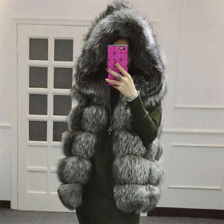 PanDaDa Womens Fox Faux Fur Fluffy Vest Hooded Sleeveless Jacket 