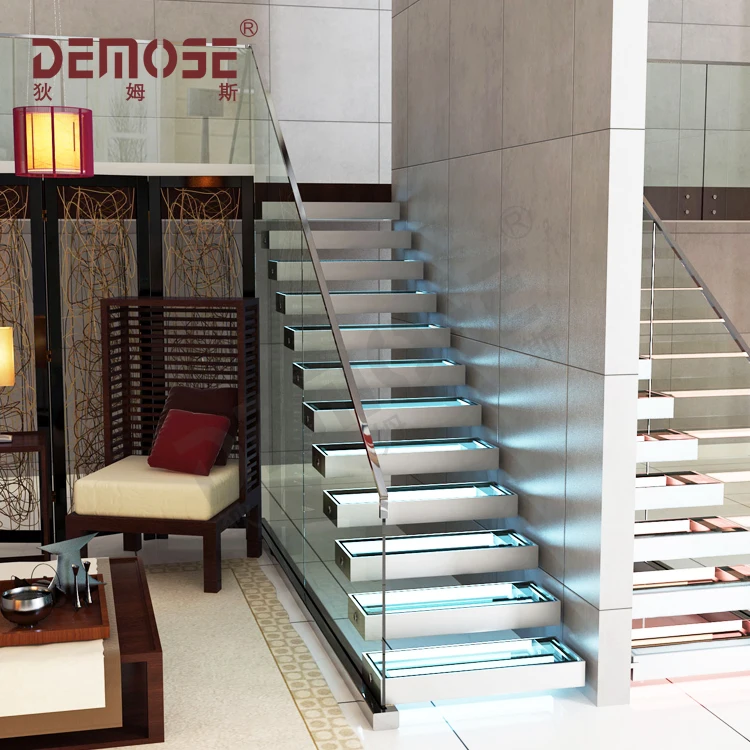 Indoor Led Light Floating Stair With Monoblock Glass ...